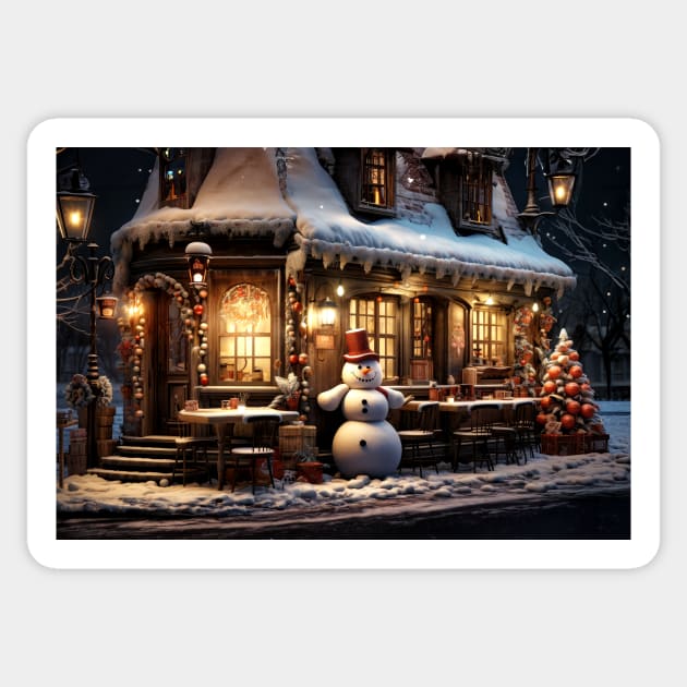 A small village shop with a snowman out front Sticker by jecphotography